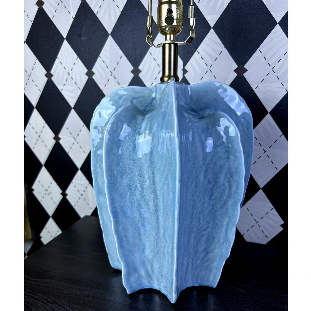 Large Sculptural Blue Pottery Table Lamp Fluted Statement Lighting 25